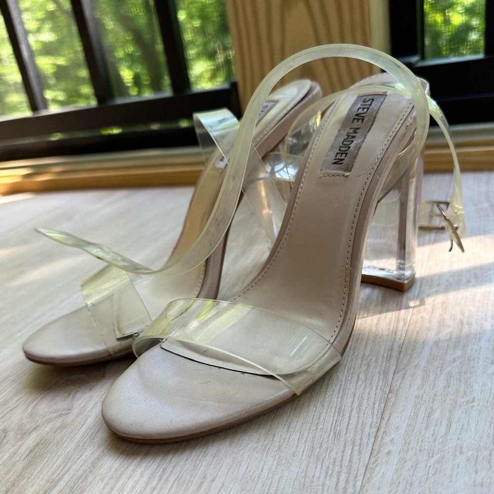 Minimalist Sophisticated Chic Lucite Clear Block-Heel Sandals by Steve Madden~ 7